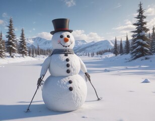 Obraz premium Lonely snowman in snowy field, skis & snowboard nearby, cold, nature, winter sports
