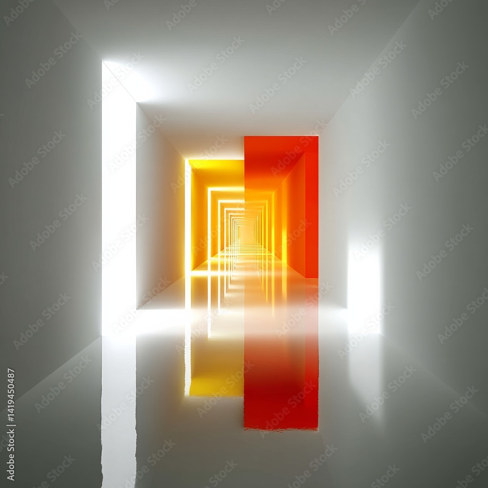 Poster illuminated passage: a perspective view of an endless, colorful corridor with reflective surface and