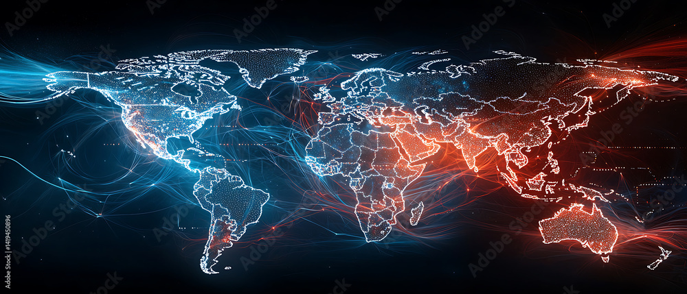 Poster global connectivity world map visualization digital art cyber environment dynamic perspective future