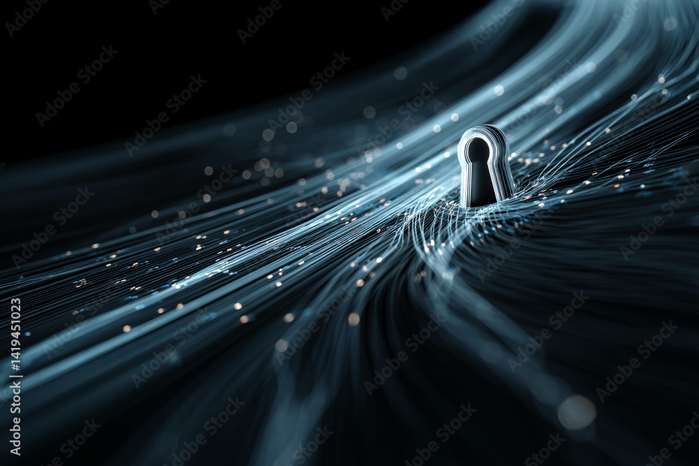 Poster abstract image of a keyhole nestled within flowing, luminous strands, symbolizing data security or a