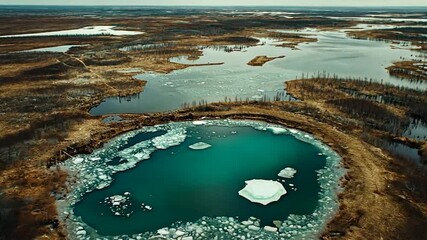 Aerial view of a frozen pond in a boggy landscape - Powered by Adobe
