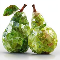Naklejka premium Geometric Green Pear Duo: A pair of vibrant green pears, with their textured surfaces and subtle variations in tone, are captured in a photorealistic low poly style.