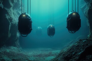 Underwater exploration equipment suspended in a deep ocean environment