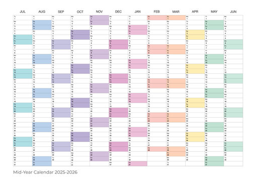 Mid-year calendar for 2025 to 2026, colorful annual planning grid for business, school, or personal scheduling