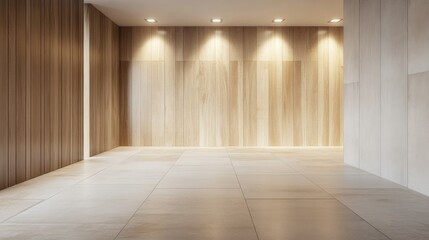 Obraz premium Contemporary meeting room with a wooden feature wall and clean blank posters ready for corporate branding