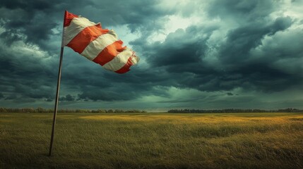 Windsock in countryside with heavy wind and stormy sky