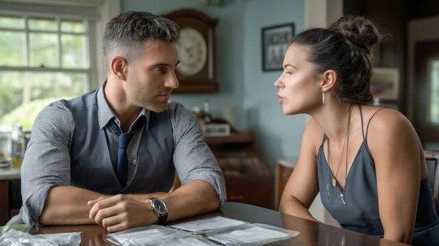 Serious couple discussing important documents at home