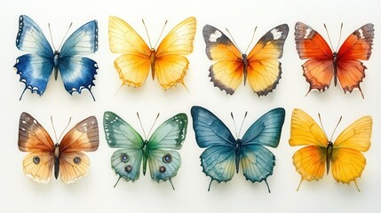 Obraz premium Colorful Butterfly Collection: A vibrant array of butterflies, each with its own unique patterns and hues, rests gracefully against a plain background.