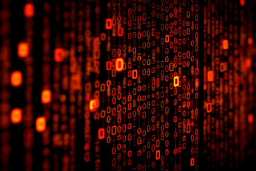 Abstract image of glowing orange binary code on black background, suggesting digital data stream, technology, or network concept