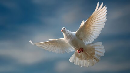 Obraz premium A white dove gracefully soaring through the sky, a symbol of peace and freedom. The dove's wings are spread wide, as it elegantly glides through the air.