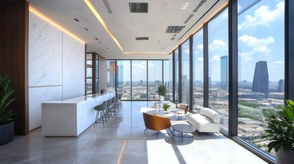 High-rise modern office space with white feature wall and city view stretching across the horizon through tall windows