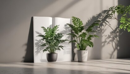 Fototapeta premium Open magazine mockup, realistic plant shadows cast on customizable backdrop , mockup, illustration, template