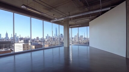 Modern startup office with open floor plan, white wall ready for branding, and a clear view of the urban landscape