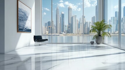Premium office setting with glossy surfaces, minimalist design, white wall, and dramatic city skyline