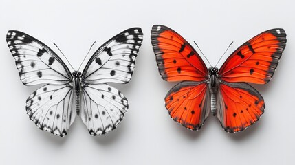 Obraz premium Butterfly Contrast: Two butterflies, one rendered in elegant grayscale and the other in vibrant, saturated color, juxtapose against each other to highlight the dichotomy of beauty.