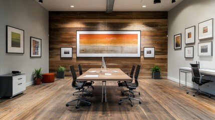 Sophisticated office design with wood accent wall and clean, white poster frames creating a minimalist art vibe