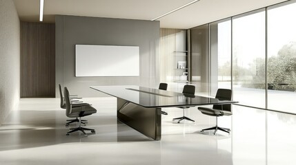 Stylish meeting space with elegant glass table, unmarked whiteboard, and minimal office accents