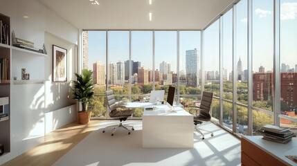 Sunlit office room with clean white surfaces and glass walls overlooking a busy downtown city skyline
