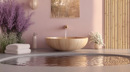 Fototapeta premium A serene spa scene with a carved wooden lavabo and bamboo fountain, water dripping gently into the hollowed bowl, steam rising softly around the space. Created Using: spa photography techniques,