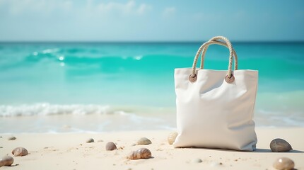 A white canvas tote bag with a rope handle rests on the golden sand of an exotic beach, surrounded by scattered seashells, evoking a sense of summer vacation, coastal lifestyle