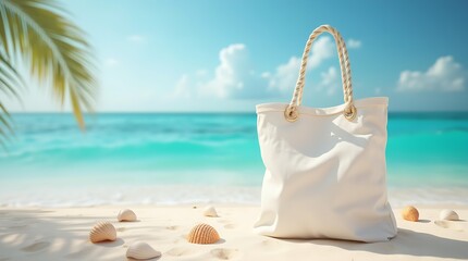 A white canvas tote bag with a rope handle rests on the golden sand of an exotic beach, surrounded by scattered seashells, evoking a sense of summer vacation, coastal lifestyle