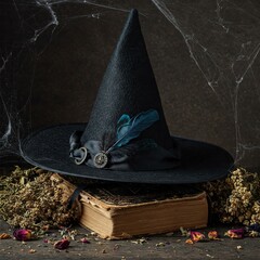Black witchs hat decorated with feathers, on an old book, with herbs and cobwebs. Spooky Halloween still life.