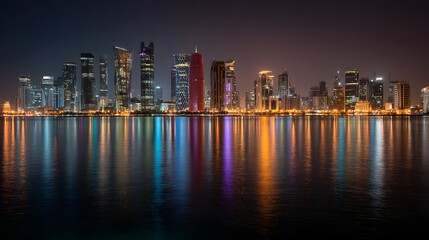 Obraz premium Doha's skyline glows brilliantly at night, reflected in the calm waters.