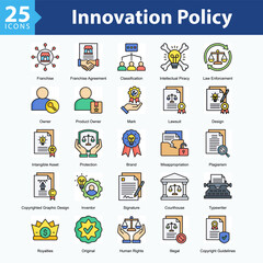 Innovation Policy is a collection of icons in sheet format representing legal elements and protection of intellectual property rights in the digital era.
