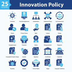 Innovation Policy is a collection of icons in sheet format representing legal elements and protection of intellectual property rights in the digital era.
