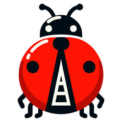 Stylized vector illustration of a ladybug with bold geometric shapes, featuring a bright red shell, black spots, and a triangular center design, set on a clean white background