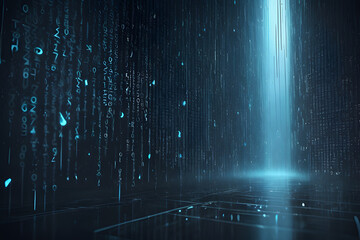 Futuristic digital rain with glowing binary code on dark background and copy space