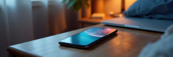 Smartphone and laptop on a cluttered bedside table, bedside table, smartphone, digital life