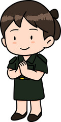 Cute cartoon character with A female military officer  acting sawasdee or Whai In Thailand illustration