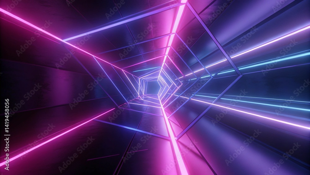 Poster Abstract neon lights into digital technology tunnel. Futuristic technology abstract background with lines for network, big data, data center, server, cyberspace, innovation, glow effect