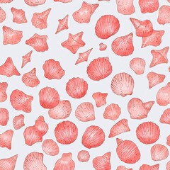 Pink seashells pattern vintage retro design wallpaper on plain white clean background simple minimalist concept seamless tiling tile