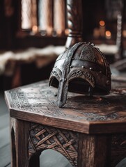 Viking Helmet Close-Up on Carved Wooden Table