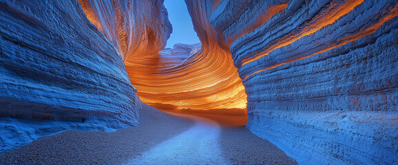 In the canyon, two walls of rock form an opening that is illuminated by blue and orange lights. The wall on one side has horizontal lines carved into it, while another part forms a unique pattern with