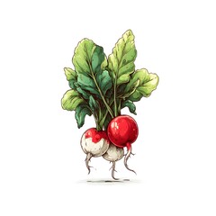 Vibrant Radish: A fresh and lively illustration of a bunch of radishes, their vivid red and white roots contrasted by lush green leaves, celebrating the simplicity and freshness of natural food.