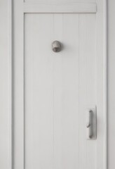 Fototapeta premium Close-up of closed white wooden door, minimalist handle , interior design, house