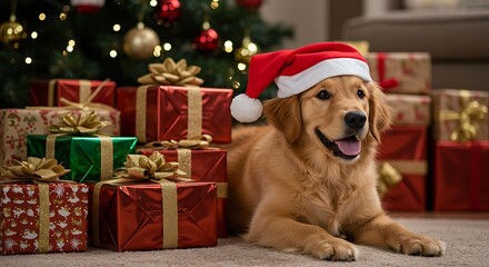Golden Retriever Christmas Gift Photo: Festive Canine Companion