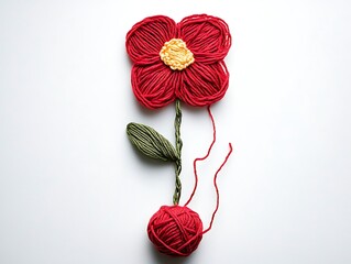 Red yarn flower craft on white background; craft project, art, yarn flower, decorative, DIY