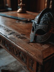 Viking Helmet Close-Up on Carved Wooden Table