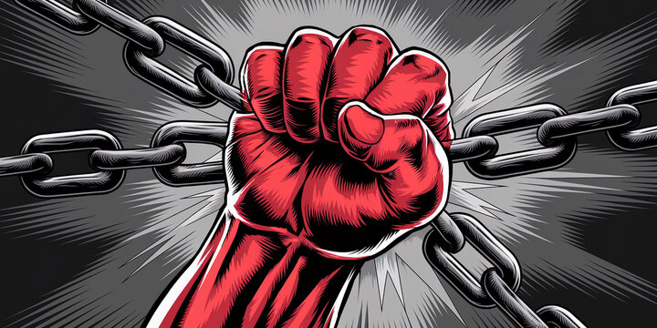 Red fist breaking metal chains, dynamic action illustration symbolizing strength, freedom, and overcoming adversity. Powerful image ideal for motivational posters or social justice campaigns.