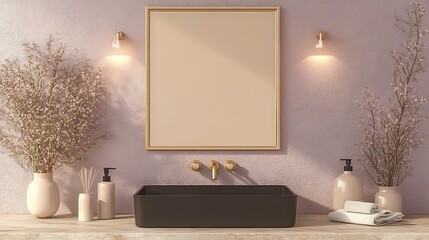 Close-up of a matte black sink with brushed steel pipes beneath, centered under a glowing rectangular mirror in a modern bathroom with slate walls and ambient spotlights.