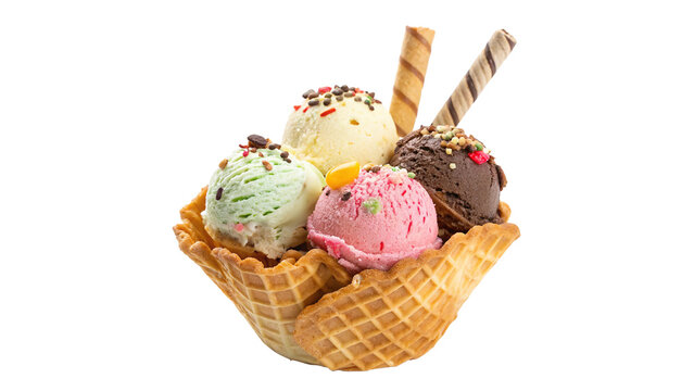 Ice cream scoops in waffle basket isolated on transparent background
