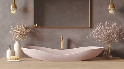 Close-up of a ribbon-shaped marble sink, fluid and organic, glowing under a warm pendant light in a moody dark bathroom with matte slate walls and brushed brass accents.