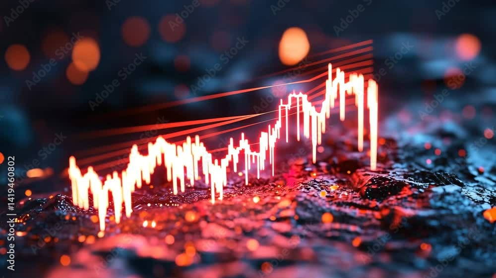 Poster a glowing line graph over a textured surface, with vibrant colors and sparks, symbolizing data trend
