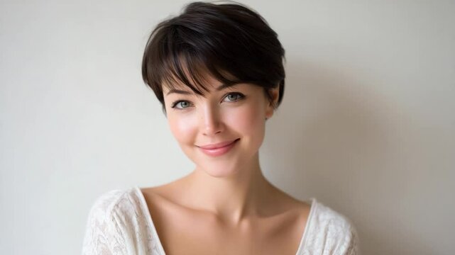 Woman with dark pixie cut and a lace top smiles softly