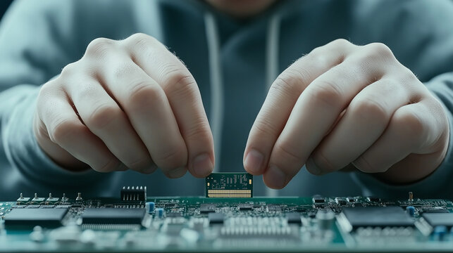 Skilled technician installing computer memory chip onto green circuit board, revealing precise hardware maintenance and upgrade process