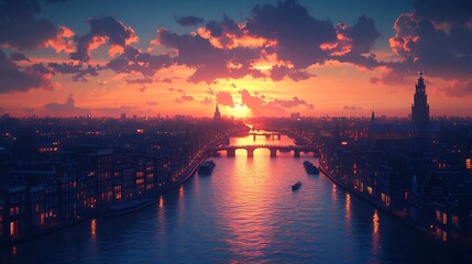 Fototapeta premium Aerial view in flat style of Amsterdam’s historic canals, silhouette of bridges and rooftops, map-like pattern emphasized, golden dusk light fading over horizon, high contrast style, hd quality,